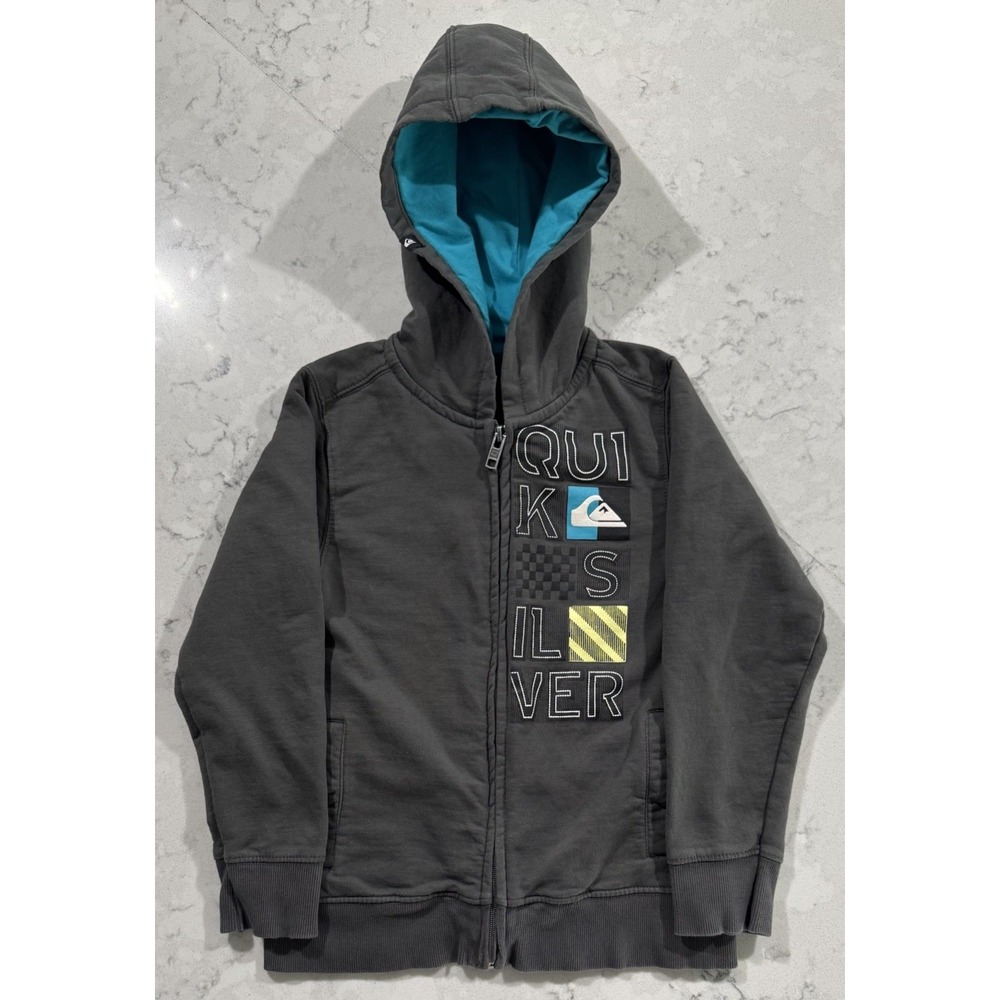 Quiksilver Hoodie Kids Size 6 Gray Fleece Full Zip Graphic Sweatshirt Skate